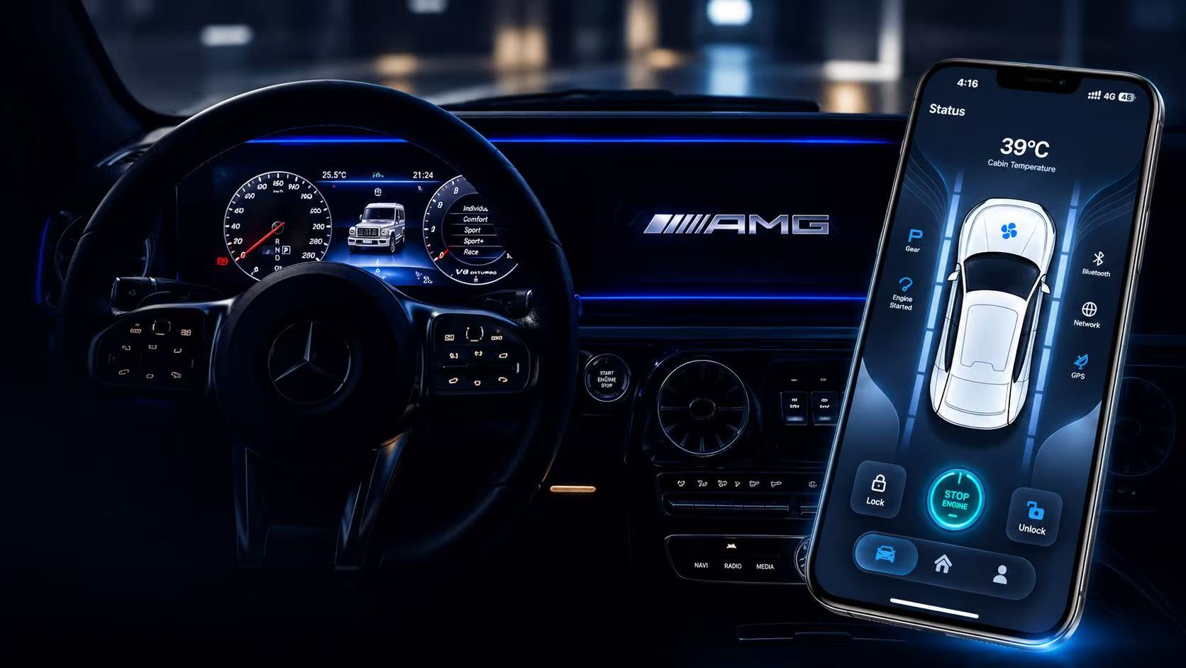 STARTIX Mercedes dashboard and mobile app background